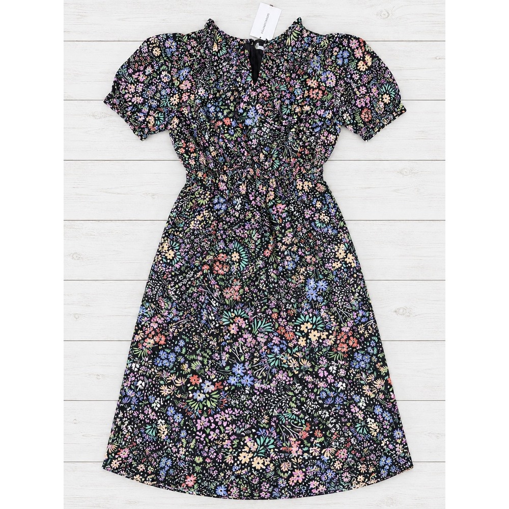 NWT 41 Hawthorn Floral Fit & Flare Dress Short Sleeve Smocked Waist Black Med